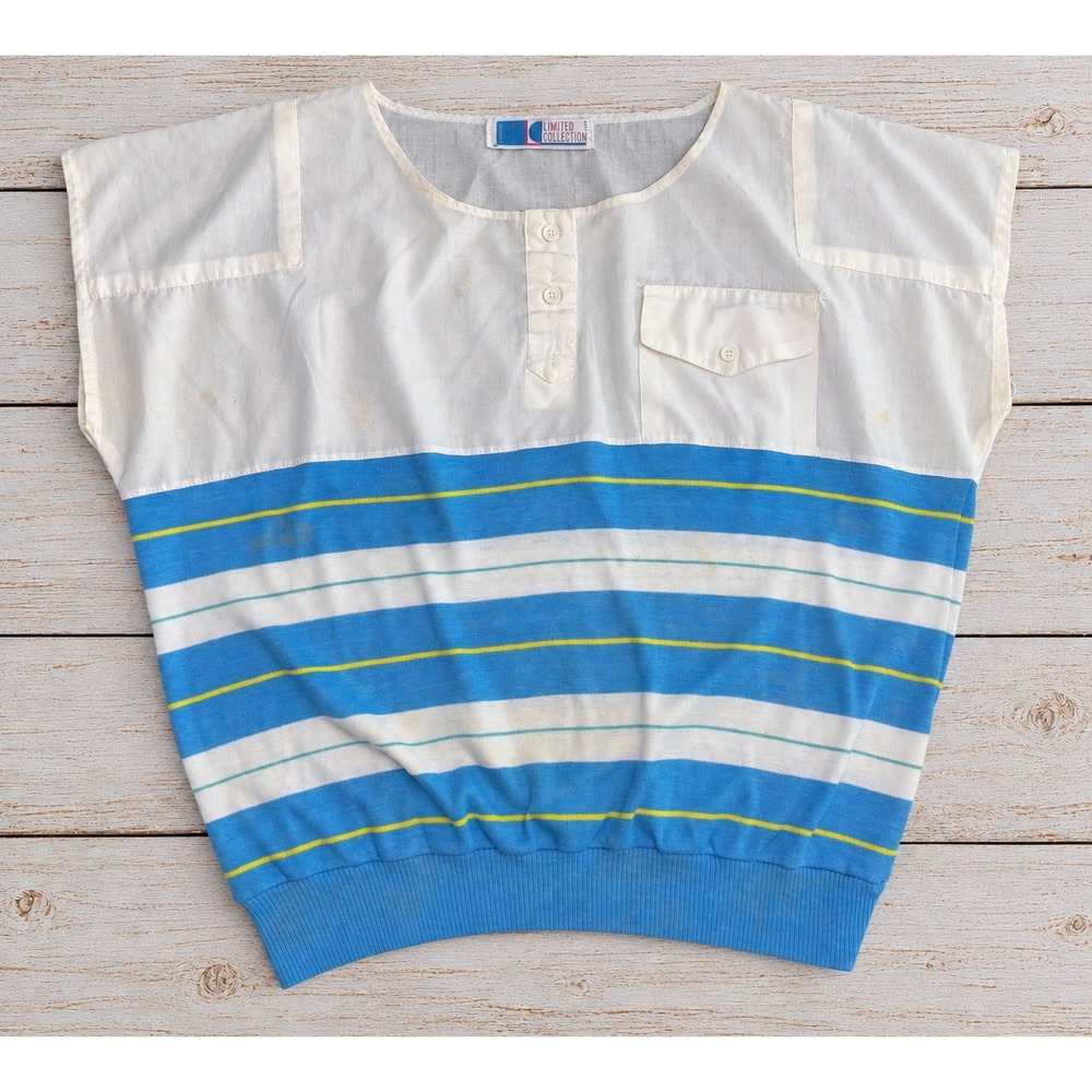Vintage Gitano Limited Collection Top Striped Henley Short Sleeve 80s Blue White